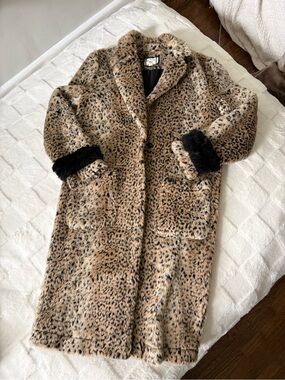 Leopard Print Teddy Coat with Black Cuff Trim